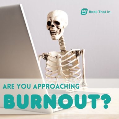 An image of a skeleton sat at a computer with text that reads "Are you approaching burnout?"