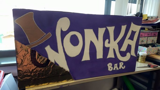 Photo of a Wonka Bar made from a cardboard box.