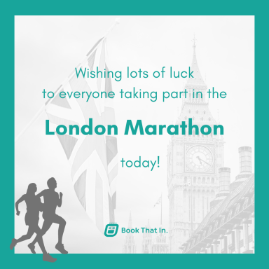 An image of Big Ben and the Houses of Parliament with two runners and text wishing luck to the London Marathon runners